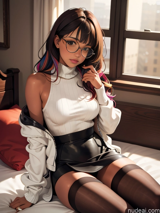 related ai porn images free for Busty Tanned Skin Bedroom Thigh Socks Brunette Jacket Leather Mini Skirt Sweater Seductive Bangs Thin Round Glasses