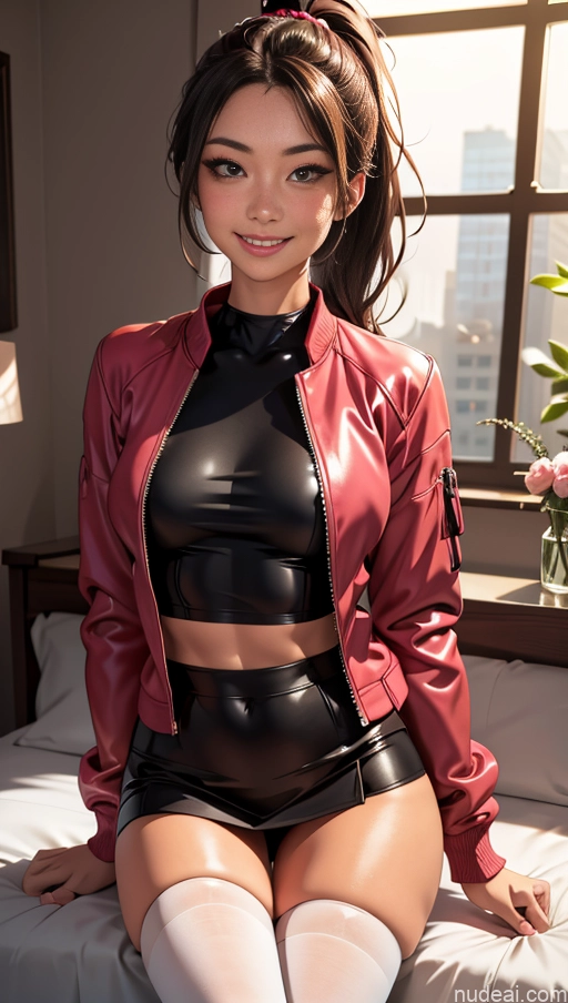 related ai porn images free for Busty Tanned Skin Happy Brunette Ponytail Bedroom Blouse Jacket Leather Mini Skirt Thigh Socks