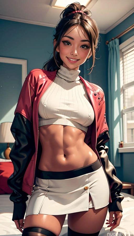 related ai porn images free for Busty Tanned Skin Happy Brunette Ponytail Bedroom Jacket Leather Mini Skirt Thigh Socks Crop Top Sweater