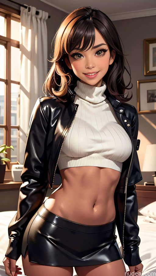 related ai porn images free for Busty Tanned Skin Happy Brunette Bedroom Jacket Leather Mini Skirt Thigh Socks Crop Top Sweater Bangs