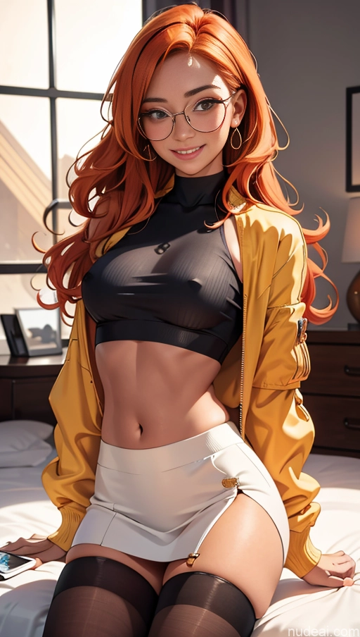 related ai porn images free for Tanned Skin Happy Bedroom Mini Skirt Thigh Socks Crop Top Thin Round Glasses Bomber Ginger Busty Long Hair Blouse