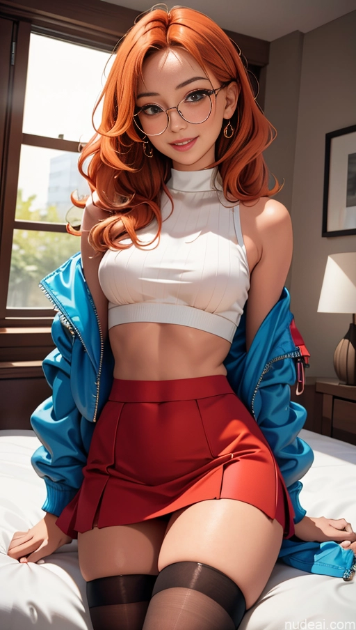 related ai porn images free for Tanned Skin Happy Bedroom Mini Skirt Thigh Socks Crop Top Thin Round Glasses Bomber Ginger Busty Blouse Curly Hair