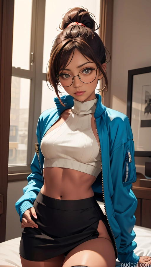 related ai porn images free for Tanned Skin Brunette Ponytail Bedroom Crop Top Mini Skirt Sweater Thigh Socks Thin Round Glasses Seductive Busty Bomber