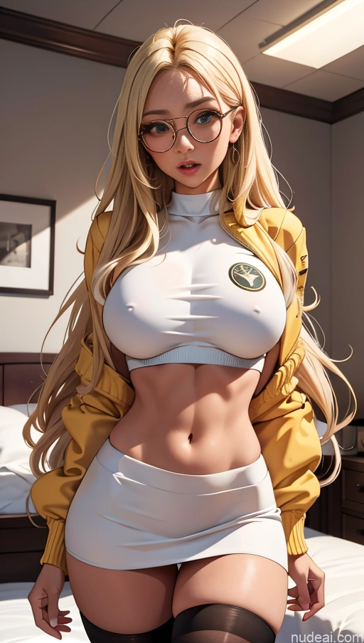 related ai porn images free for Tanned Skin Bedroom Crop Top Mini Skirt Thigh Socks Thin Round Glasses Bomber Jewelry Shirt Blonde Long Hair Shocked Huge Boobs