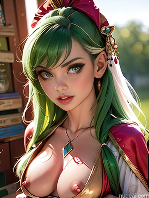 Busty Perfect Boobs Lipstick Pubic Hair Serious Green Hair Close-up View Nymphs Huge Tits, Hard Nipples Bra Pull Down Winter Hanfu