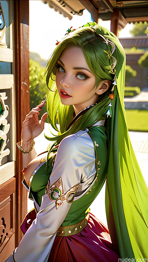Busty Perfect Boobs Lipstick Pubic Hair Serious Green Hair Close-up View Nymphs Huge Tits, Hard Nipples Bra Pull Down Winter Hanfu