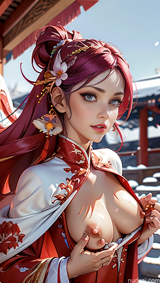 Busty Perfect Boobs Lipstick Pubic Hair Serious Close-up View Huge Tits, Hard Nipples Bra Pull Down Winter Hanfu Snow Corset Purple Hair Phoenixdress