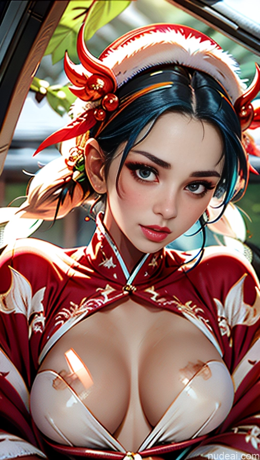 Busty Perfect Boobs Lipstick Pubic Hair Serious Close-up View Huge Tits, Hard Nipples Bra Pull Down Winter Hanfu Snow Phoenixdress Amazing Intimates - Cleavage Blue Hair