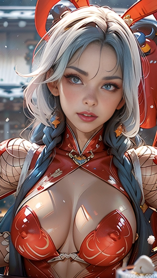 Busty Perfect Boobs Lipstick Pubic Hair Serious Close-up View Huge Tits, Hard Nipples Bra Pull Down Winter Hanfu Snow Phoenixdress Blue Hair Fishnet Reverse Bunnysuit