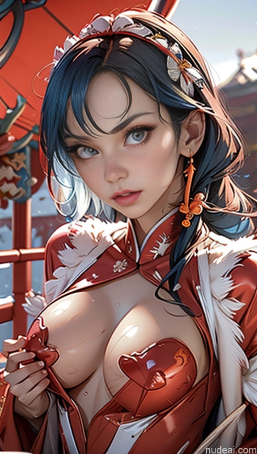 Busty Perfect Boobs Lipstick Pubic Hair Serious Close-up View Huge Tits, Hard Nipples Bra Pull Down Winter Hanfu Snow Phoenixdress Blue Hair Fishnet Reverse Bunnysuit