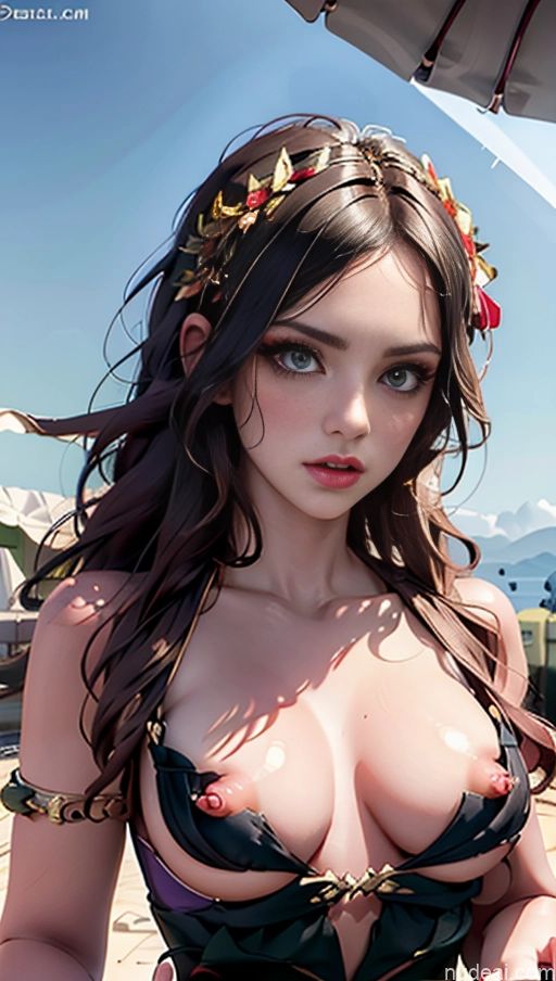 Busty Perfect Boobs Lipstick Pubic Hair Serious Close-up View Bra Pull Down Greek Clothes Black Hair Romantic Rosette Dress