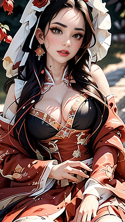 Busty Perfect Boobs Lipstick Pubic Hair Serious Close-up View Black Hair Romantic Rosette Dress Winter Hanfu