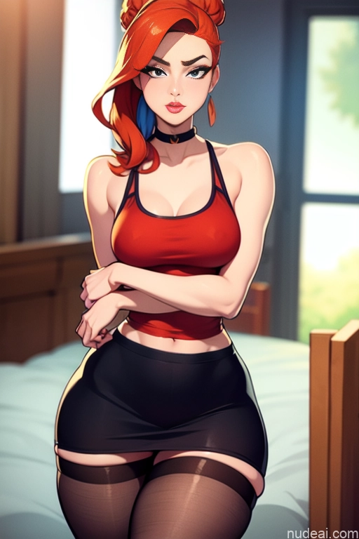 related ai porn images free for Model Beautiful Tall Perfect Body 20s Serious Ginger Hair Bun Dutch Bedroom Choker High Heels High Socks Mini Skirt Tank Top