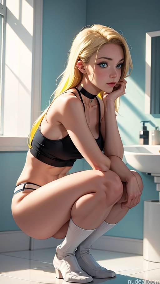 related ai porn images free for One Beautiful Perfect Body 18 Long Hair White Fairer Skin Choker High Socks Jeans Blonde Tank Top Squatting Bathroom Side View Cleavage