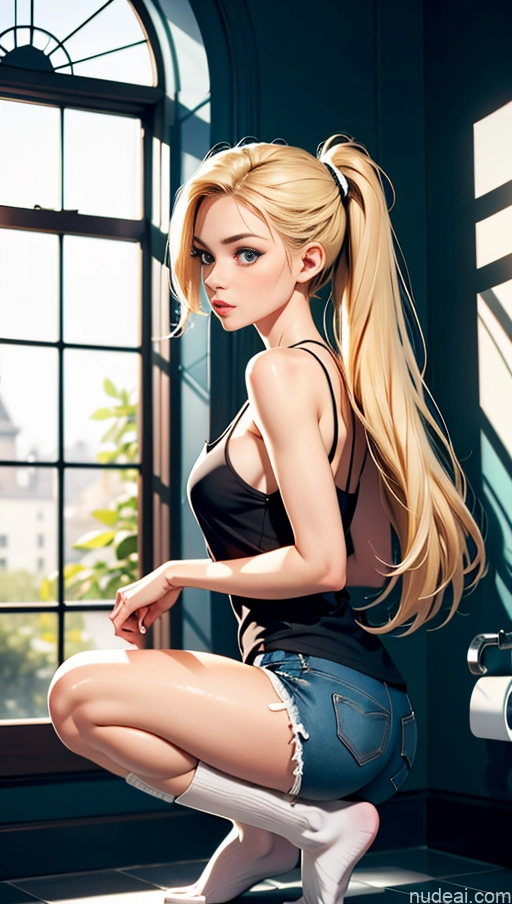 related ai porn images free for One Beautiful Perfect Body 18 Long Hair Fairer Skin High Socks Jeans Blonde Tank Top Squatting Bathroom Side View Cleavage