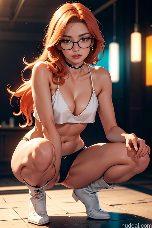 ai nude image of pics of One Beautiful Perfect Body 18 Sexy Face White Underwear Crop Top Ginger High Socks Cleavage Partially Nude Boots Squatting Club Soft + Warm Glasses