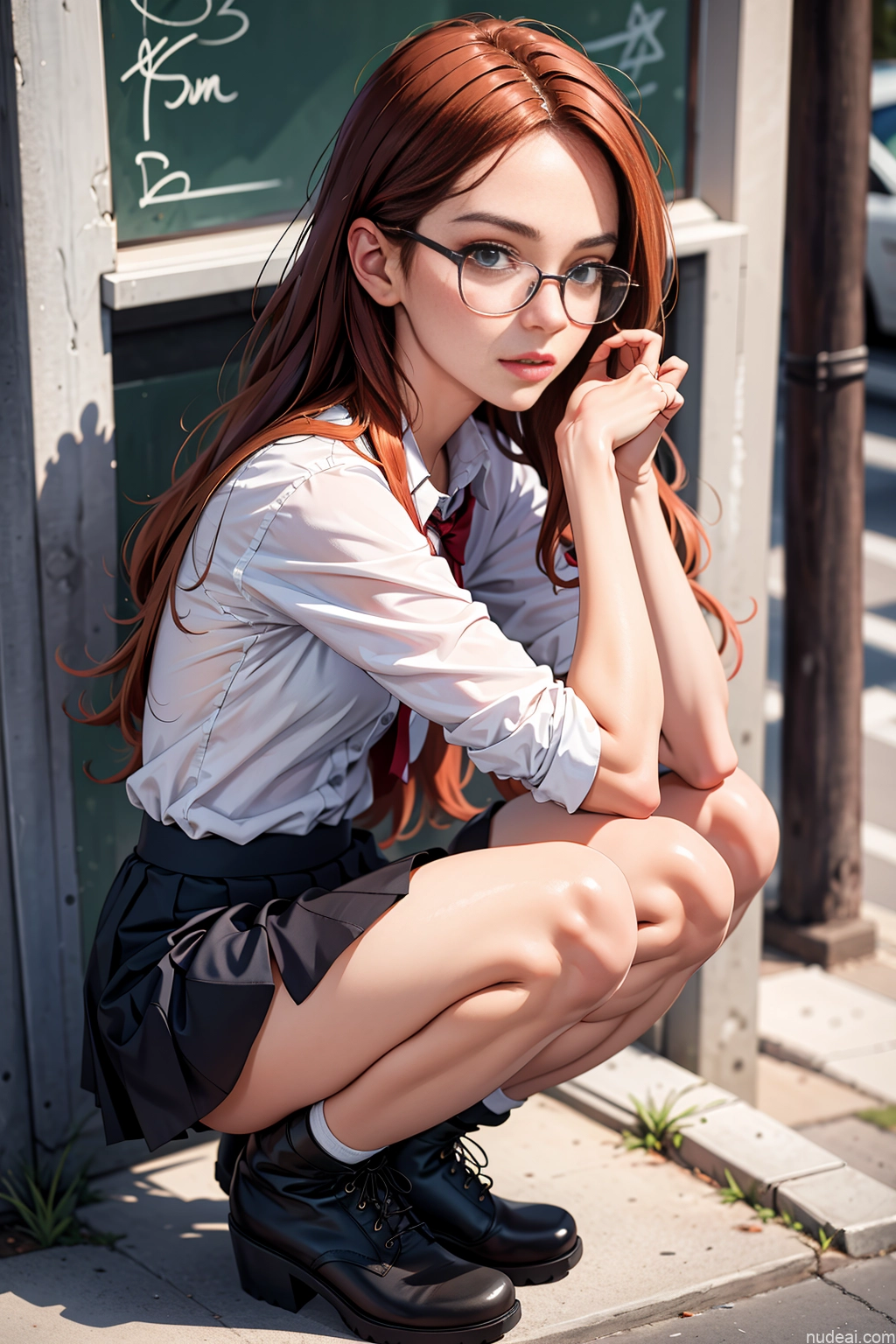 related ai porn images free for One Beautiful Perfect Body 18 White Ginger High Socks Glasses Micro Skirt Boots Street Squatting