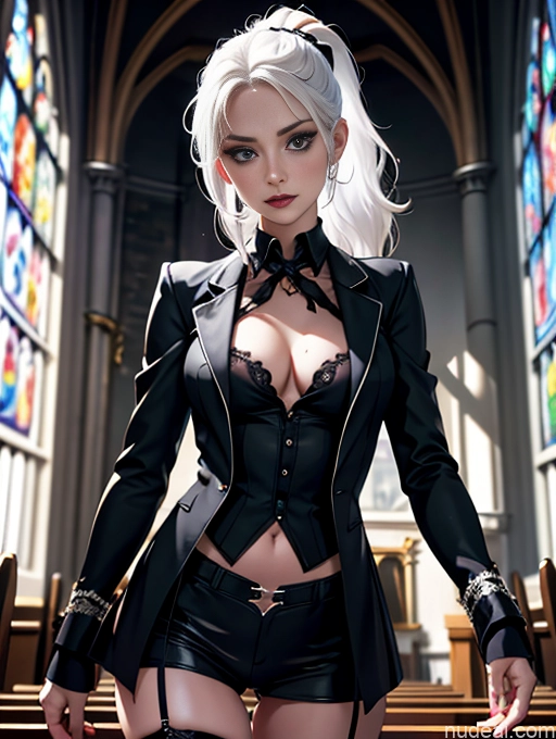 related ai porn images free for Woman One Small Tits Abs Fairer Skin 20s Serious White Hair Ponytail White Crisp Anime Goth Church Front View Cleavage Stockings Tailcoat Dark Lighting