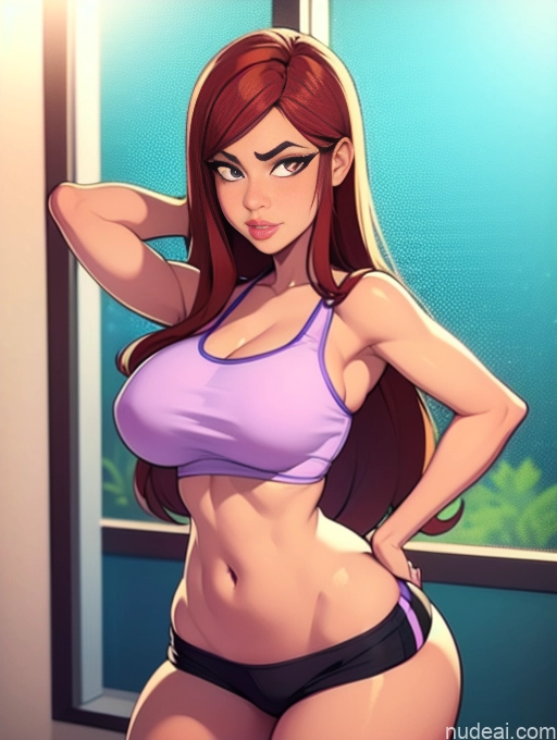 related ai porn images free for Woman Beautiful Tall Perfect Body 20s Serious Seductive Ginger Long Hair Dutch Bedroom Sports Bra Short Shorts Yoga