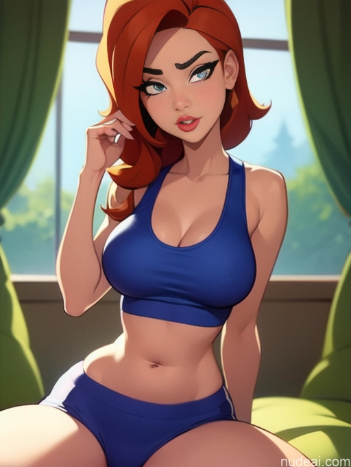 related ai porn images free for Woman Beautiful Tall Perfect Body 20s Serious Seductive Ginger Long Hair Dutch Bedroom Sports Bra Short Shorts On Back