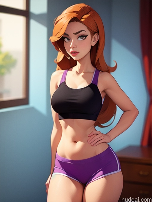 related ai porn images free for Woman Beautiful Tall Perfect Body 20s Serious Seductive Ginger Long Hair Dutch Bedroom Sports Bra Short Shorts Bending Over