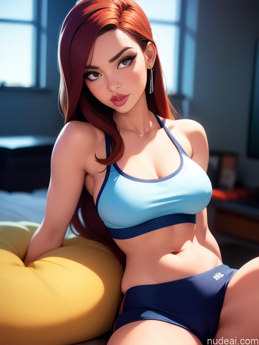 related ai porn images free for Woman Beautiful Tall Perfect Body 20s Serious Seductive Ginger Long Hair Dutch Bedroom Sports Bra Short Shorts Gaming