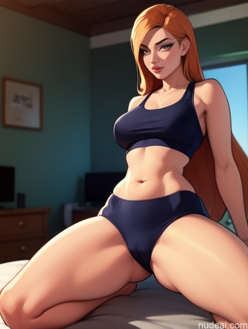 related ai porn images free for Woman Beautiful Tall Perfect Body 20s Serious Seductive Ginger Long Hair Dutch Bedroom Sports Bra Short Shorts Plank