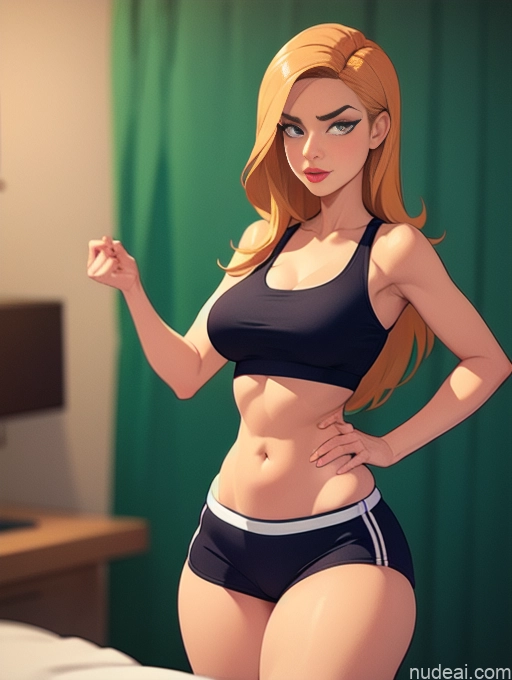 related ai porn images free for Woman Beautiful Tall Perfect Body 20s Serious Seductive Ginger Long Hair Dutch Bedroom Sports Bra Short Shorts Massage