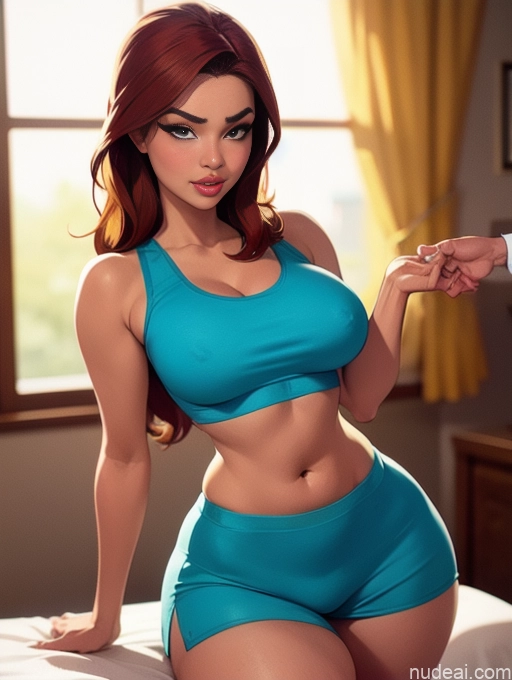related ai porn images free for Woman Beautiful Tall Perfect Body 20s Serious Seductive Ginger Long Hair Dutch Bedroom Sports Bra Short Shorts Massage