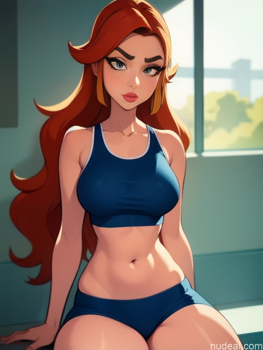 related ai porn images free for Woman Beautiful Tall Perfect Body 20s Serious Seductive Ginger Long Hair Dutch Bedroom Sports Bra Short Shorts Bathing