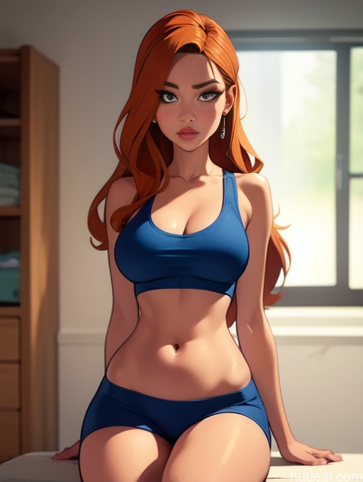 related ai porn images free for Woman Beautiful Tall Perfect Body 20s Serious Seductive Ginger Long Hair Dutch Bedroom Sports Bra Short Shorts Bathing
