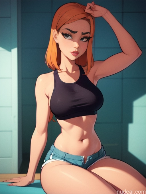 related ai porn images free for Woman Beautiful Tall Perfect Body 20s Serious Seductive Ginger Long Hair Dutch Bedroom Sports Bra Short Shorts Bathing