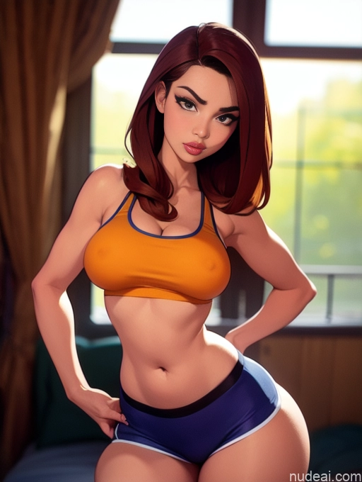 related ai porn images free for Woman Beautiful Tall Perfect Body 20s Serious Seductive Ginger Long Hair Dutch Bedroom Sports Bra Short Shorts Working Out