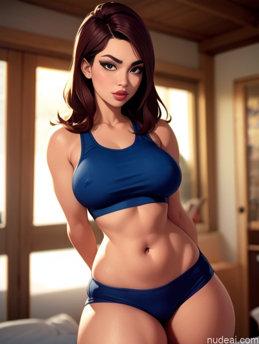 related ai porn images free for Woman Beautiful Tall Perfect Body 20s Serious Seductive Ginger Long Hair Dutch Bedroom Sports Bra Short Shorts Working Out