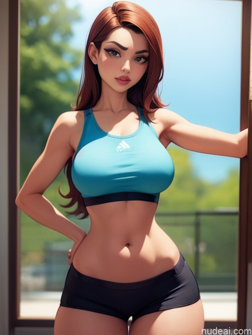 related ai porn images free for Woman Beautiful Tall Perfect Body 20s Serious Seductive Ginger Long Hair Dutch Bedroom Sports Bra Short Shorts Working Out