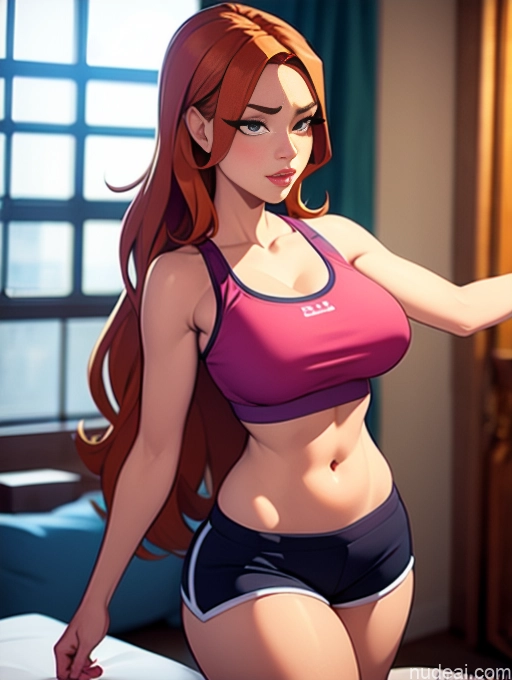 related ai porn images free for Woman Beautiful Tall Perfect Body 20s Serious Seductive Ginger Long Hair Dutch Bedroom Sports Bra Short Shorts Jumping