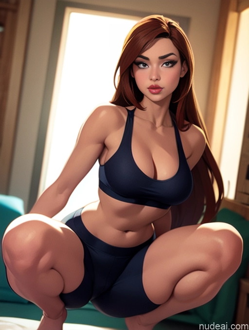 related ai porn images free for Woman Beautiful Tall Perfect Body 20s Serious Seductive Ginger Long Hair Dutch Bedroom Sports Bra Short Shorts Squatting