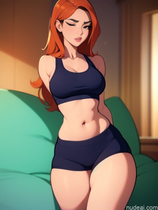 related ai porn images free for Woman Beautiful Tall Perfect Body 20s Serious Seductive Ginger Long Hair Dutch Bedroom Sports Bra Short Shorts Sleeping