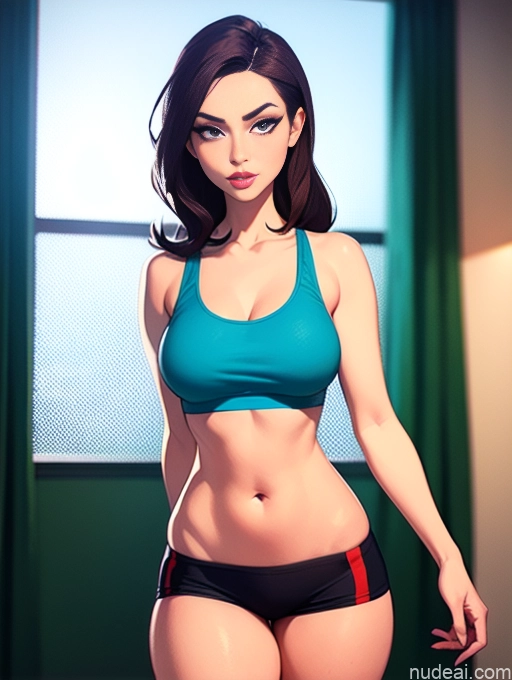 related ai porn images free for Woman Beautiful Tall Perfect Body 20s Serious Seductive Ginger Long Hair Dutch Bedroom Sports Bra Short Shorts Legspread