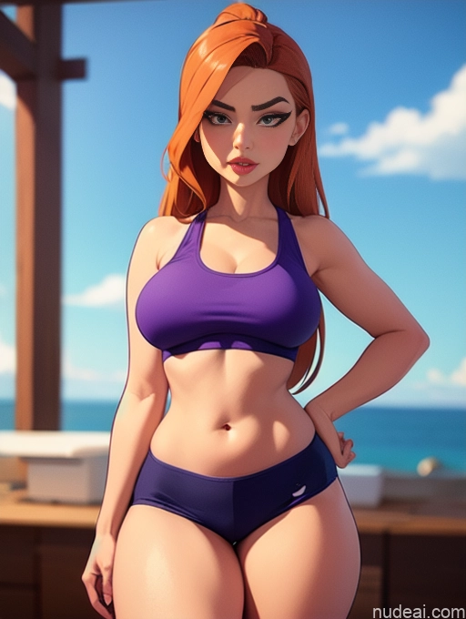 related ai porn images free for Woman Beautiful Tall Perfect Body 20s Serious Seductive Ginger Long Hair Dutch Bedroom Sports Bra Short Shorts Legspread
