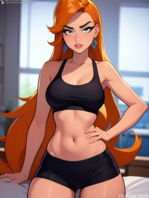 related ai porn images free for Woman Beautiful Tall Perfect Body 20s Serious Seductive Ginger Long Hair Dutch Bedroom Sports Bra Short Shorts Doggystyle (Side View)