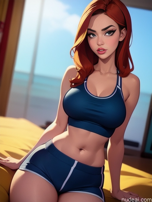 related ai porn images free for Woman Beautiful Tall Perfect Body 20s Serious Seductive Ginger Long Hair Dutch Bedroom Sports Bra Short Shorts POV Focus Sex
