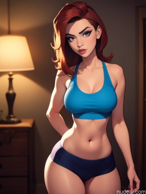 related ai porn images free for Woman Beautiful Tall Perfect Body 20s Serious Seductive Ginger Long Hair Dutch Bedroom Sports Bra Short Shorts Pet Play