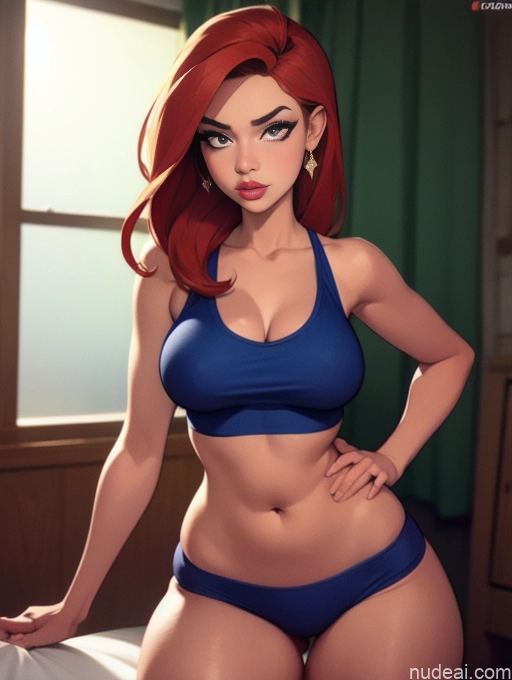 related ai porn images free for Woman Beautiful Tall Perfect Body Long Hair 20s Serious Seductive Ginger Dutch Bedroom Short Shorts Sports Bra Pet Play