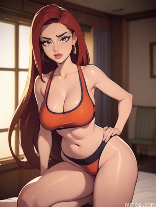 related ai porn images free for Woman Beautiful Tall Perfect Body Long Hair 20s Serious Seductive Ginger Dutch Bedroom Short Shorts Sports Bra Pet Play