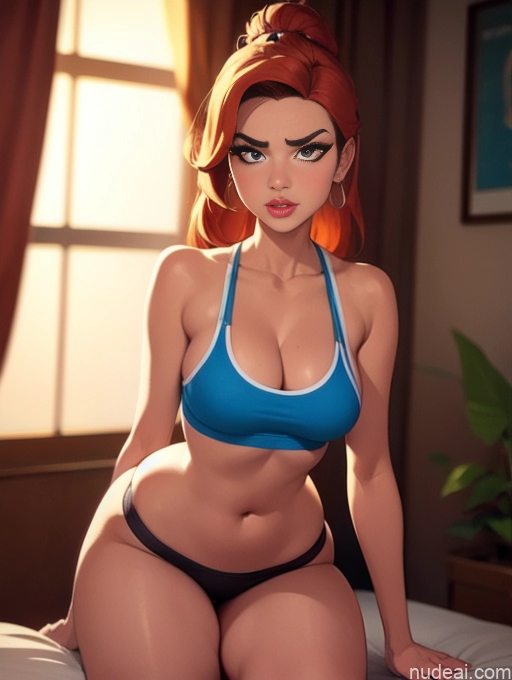 related ai porn images free for Woman Beautiful Tall Perfect Body Long Hair 20s Serious Seductive Ginger Dutch Bedroom Short Shorts Sports Bra Pet Play