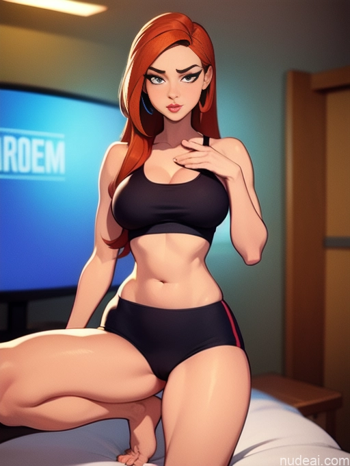 related ai porn images free for Woman Beautiful Tall Perfect Body Long Hair 20s Serious Seductive Ginger Dutch Bedroom Short Shorts Sports Bra Gaming