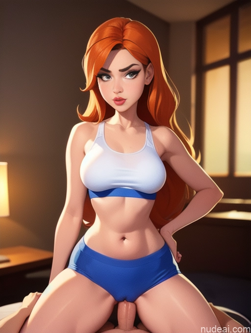 related ai porn images free for Woman Beautiful Tall Perfect Body Long Hair 20s Serious Seductive Ginger Dutch Bedroom Short Shorts Sports Bra Straddling