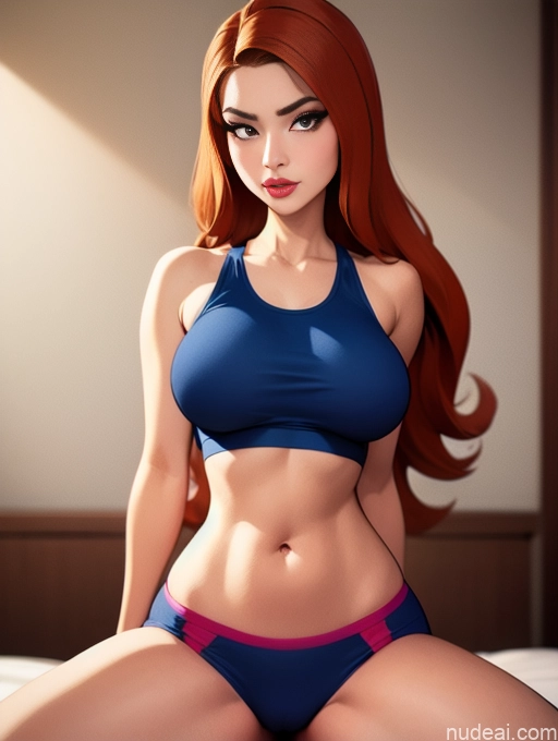 related ai porn images free for Woman Beautiful Tall Perfect Body Long Hair 20s Serious Seductive Ginger Dutch Bedroom Short Shorts Sports Bra Spreading Legs