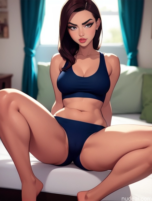 related ai porn images free for Woman Beautiful Tall Perfect Body Long Hair 20s Serious Seductive Ginger Dutch Bedroom Short Shorts Sports Bra Spreading Legs